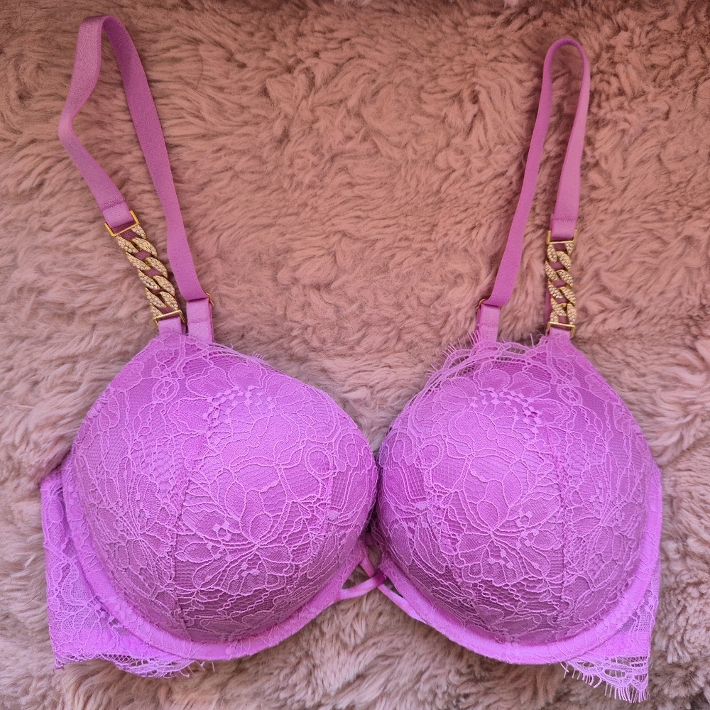 Victoria's Secret Pink Lace Push-Up Bra with Gold Chain Detail